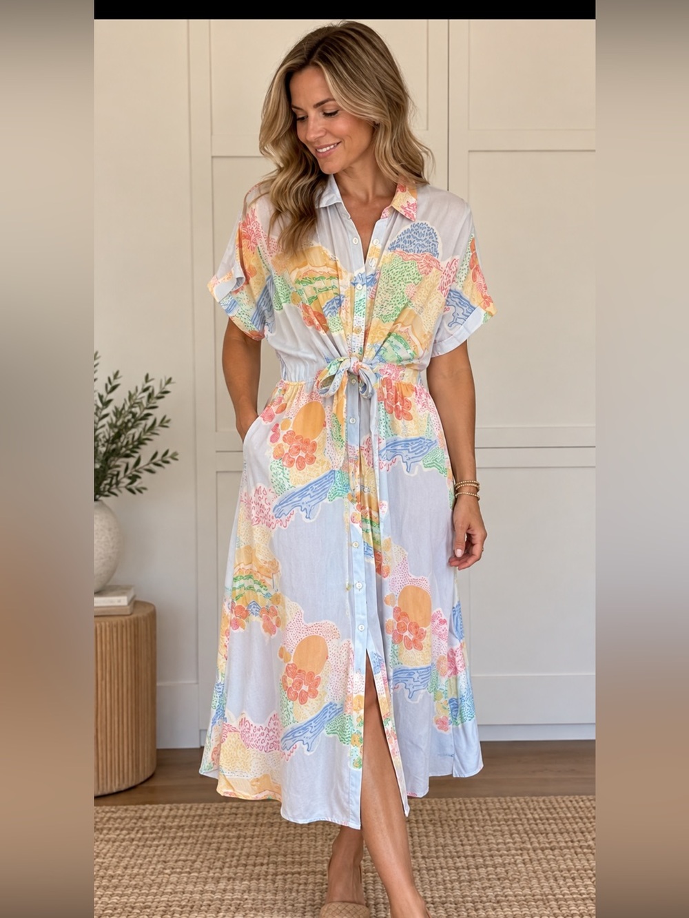 FRNCH Pastel Multicolor Button-Front Midi Dress Front tie SZ Medium **no pocket